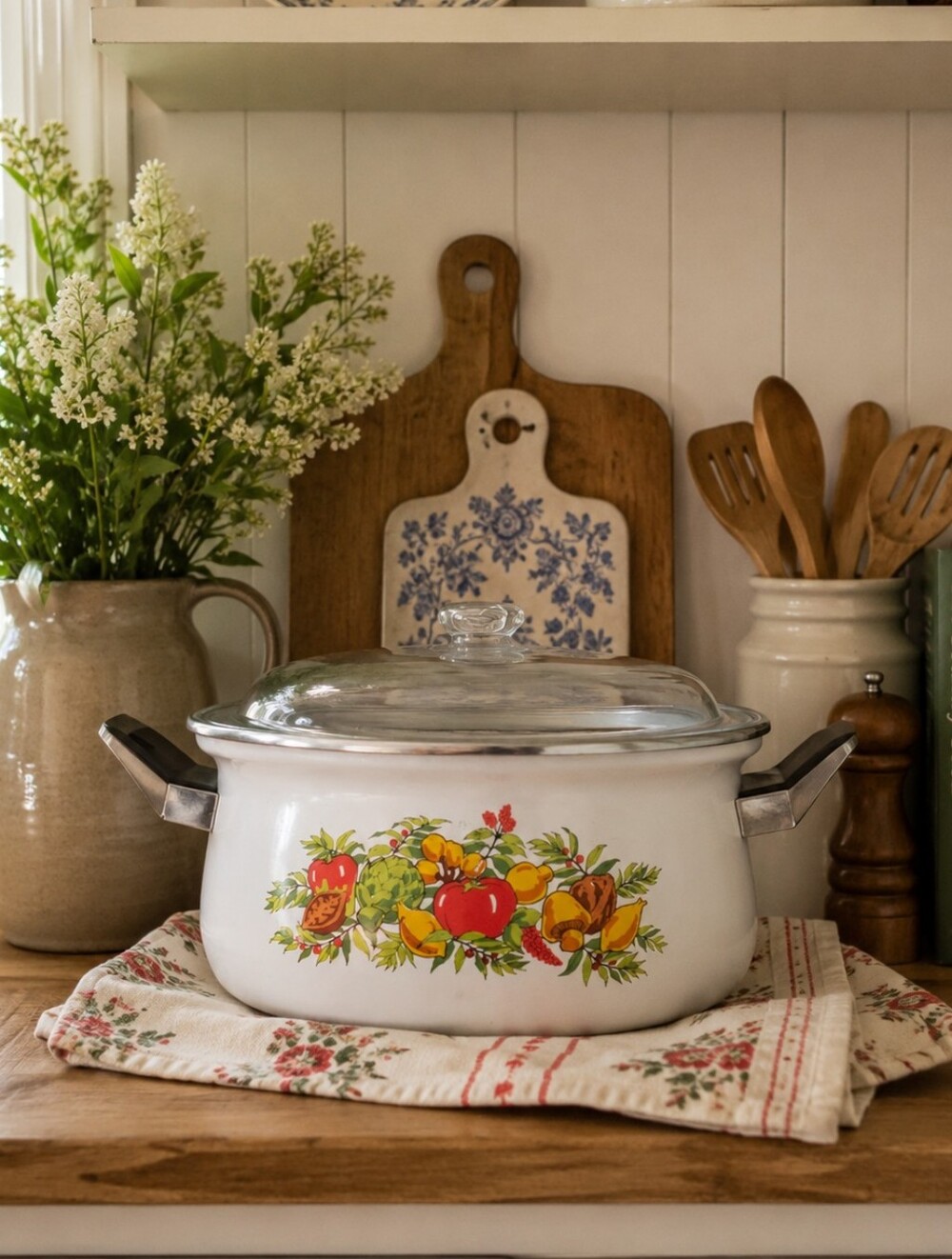 Vintage 1970s Enamel Saucepan with 'Spice of Life' Fruit and Vegetable Pattern